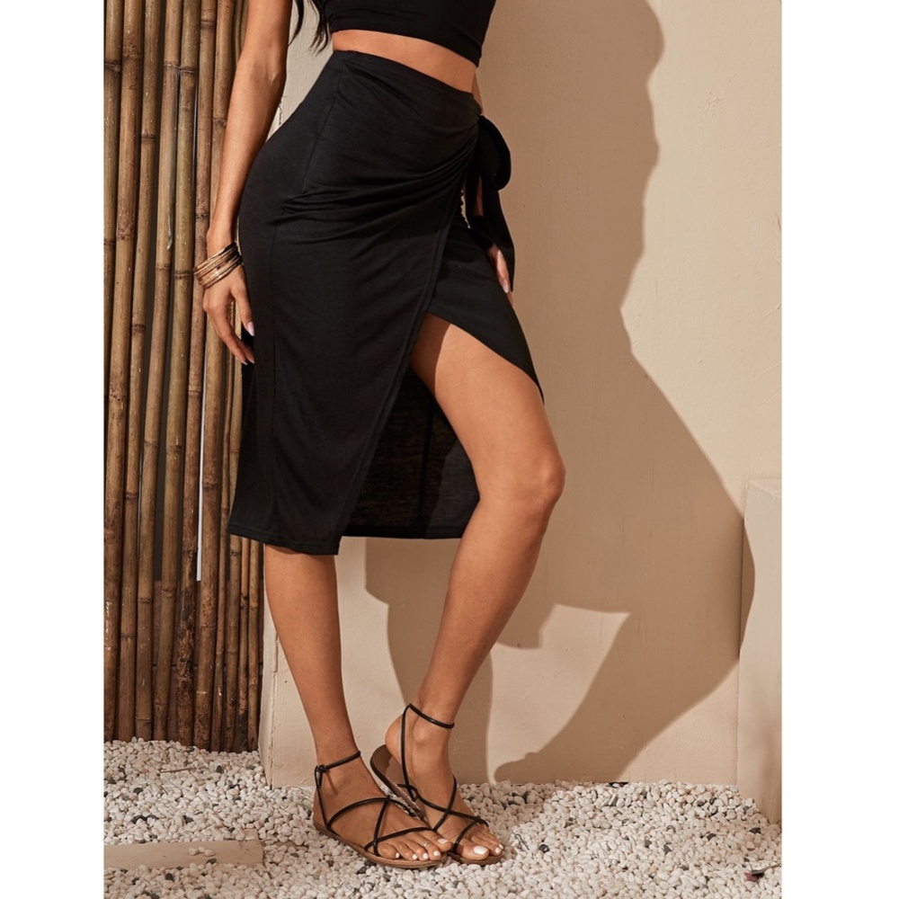 Wrap Asymmetrical Tie Side Black High Waist Skirt - Picture 4 of 7